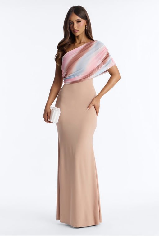 MC-0616 Amelia One Shoulder Maxi Dress Set - Tan/Multi