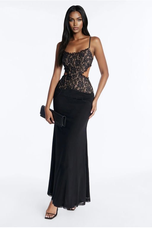 MC-0588 Laced In Love Backless Lace Maxi Dress - Black