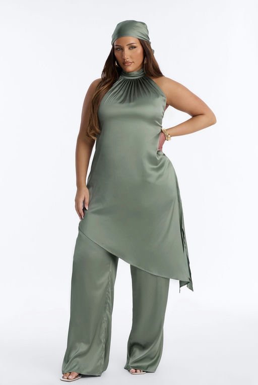 Lea Satin Draped 2 Piece Jumpsuit Set - Sage