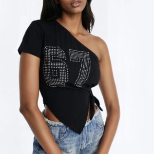 MC-0485 67 Rhinestones One Shoulder Tee - Black