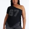 67 Rhinestones One Shoulder Tee - Black