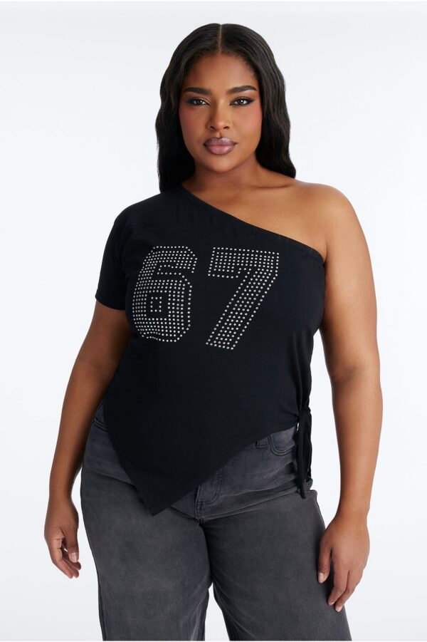67 Rhinestones One Shoulder Tee - Black