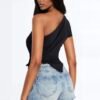 67 Rhinestones One Shoulder Tee - Black