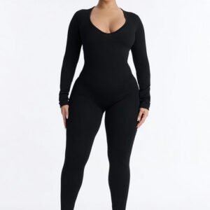 Carolina Ribbed Plunge Neck Catsuit - Black