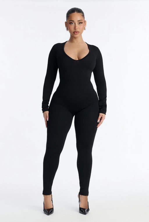 MC-0471 Carolina Ribbed Plunge Neck Catsuit - Black