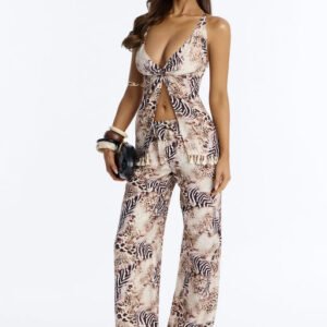 MC-0375 Ashanti Animal Print Halter Pant Set - Brown Combo