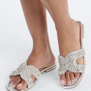 Kelssa Rhinestone Slip On Sandals - Silver