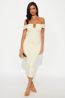 Dina Glitter Off Shoulder Midi Dress - Butter Yellow