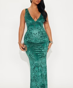 MC-0009 Forever And Always Velvet Flocked Gown - Hunter