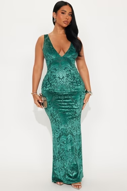 MC-0009 Forever And Always Velvet Flocked Gown - Hunter