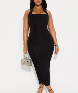 Rhea Ruched Halter Midi Dress - Black
