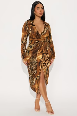 Huntress Long Sleeve Sweater Midi Dress - Brown/combo