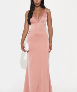 Sara Lace Trim Satin Maxi Dress - Blush