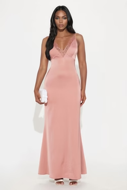 Sara Lace Trim Satin Maxi Dress - Blush