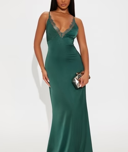 Sara Lace Trim Satin Maxi Dress - Hunter