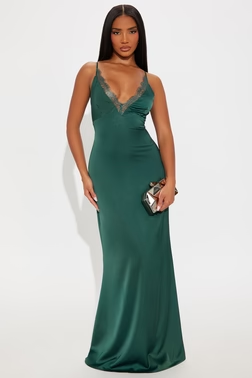 Sara Lace Trim Satin Maxi Dress - Hunter