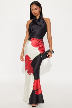 Bianca Backless Satin Maxi Dress - Black/combo