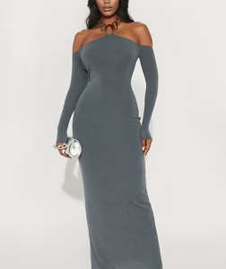 MC-0048 Brina Long Sleeve Halter Maxi Dress - Slate Grey