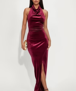 MC-0056 Here Often Velvet Maxi Gown - Burgundy