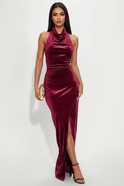 Here Often Velvet Maxi Gown - Burgundy