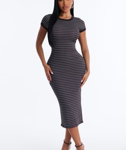 MC-0060 Aliana Striped Ribbed Midi Dress - Black/combo