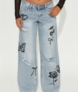 MC-0071 Permanently Yours Printed Wide Leg Jeans - Light Wash
