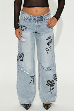 MC-0071 Permanently Yours Printed Wide Leg Jeans - Light Wash