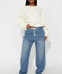 MC-0077 Nolita Loose Textured Jeans - Medium Wash