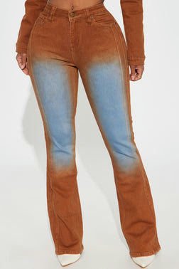 MC-0083 Switch Lanes Tinted Moto Flare Jeans - Brown