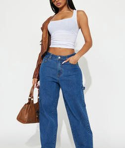 Full Of Secrets Utility Straight Leg Jeans - Medium Wash