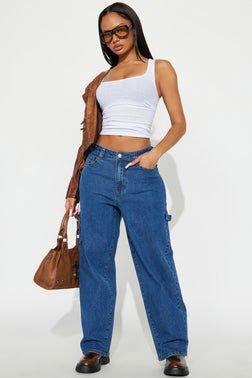 MC-0087 Full Of Secrets Utility Straight Leg Jeans - Medium Wash