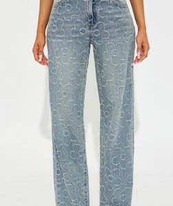 MC-0109 Flower Power Jacquard Wide Leg Jeans - Medium Wash