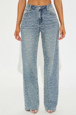 MC-0109 Flower Power Jacquard Wide Leg Jeans - Medium Wash