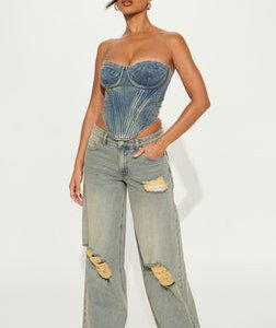 MC-0122 Marcelo High Rise Ripped Wide Leg Jean - Medium Wash