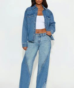 MC-0127 Oui Oui Two Tone Wide Leg Jeans - Light Blue Wash