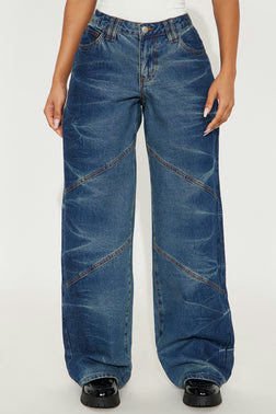 MC-0137 Ocean Eyes Seaming Straight Leg Jeans - Medium Wash