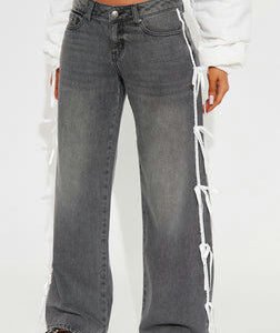 MC-0142 Rasine Non Stretch Bow Wide Leg Jeans - Black Wash