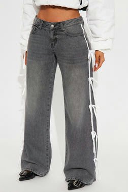 Rasine Non Stretch Bow Wide Leg Jeans - Black Wash
