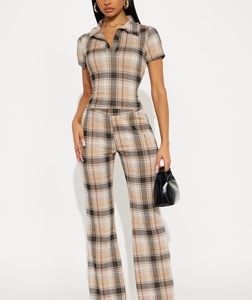 MC-0198 Petra Plaid Pant Set - Taupe/combo