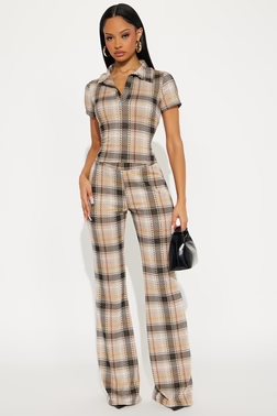 Petra Plaid Pant Set - Taupe/combo
