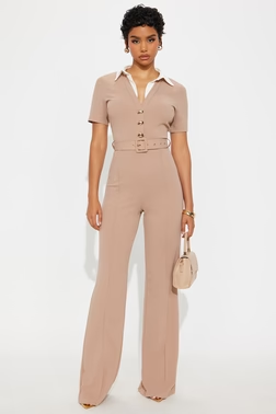 MC-0205 Ella Short Sleeve Jumpsuit - Taupe