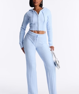 MC-0208 Far Away Zip Up Sweater Pant Set - Light Blue