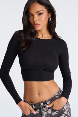 Leah Cotton Crew Neck Basic Top - Black