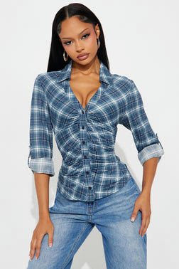 Rowan Long Sleeve Button Up Plaid Shirt - Blue
