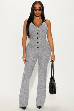 Signature Move Tweed Flare Jumpsuit - Grey