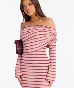 On The Daily Off Shoulder Ribbed Maxi Dress - Mauve/combo