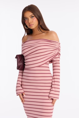 On The Daily Off Shoulder Ribbed Maxi Dress - Mauve/combo
