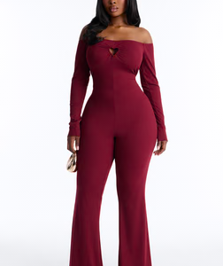 So In Love Ribbed Flare Leg Jumpsuit - Wine
