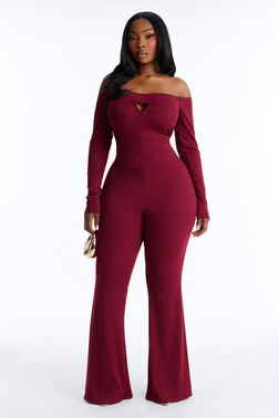 MC-0361 So In Love Ribbed Flare Leg Jumpsuit - Wine