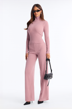 MC-0363 Ruth High Neck Ribbed Pant Set - Mauve